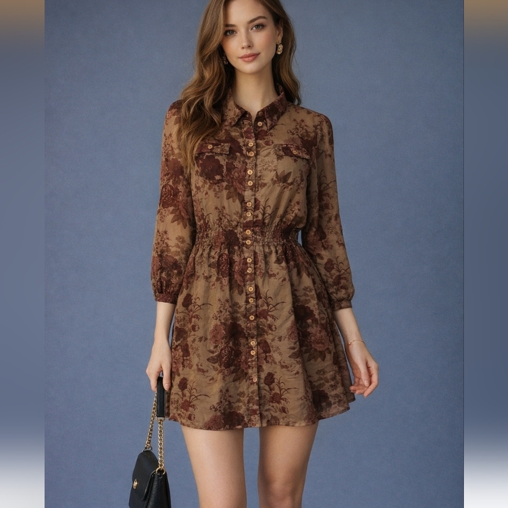 BLUE BIRD Floral Button Down Tunic Micro Dress